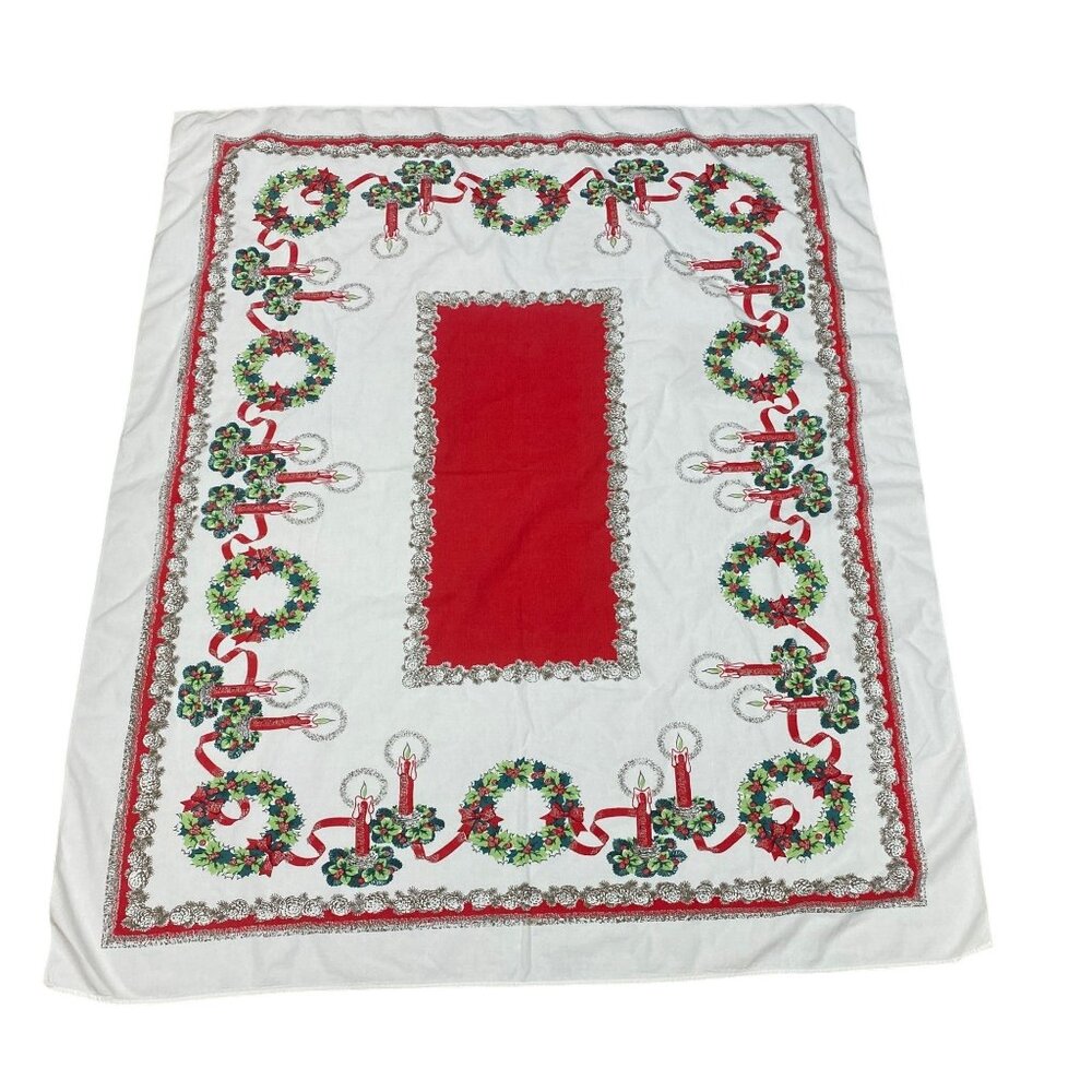 Vintage Christmas Tablecloth With Candles & Wreaths 56" x 48" Holiday Decor